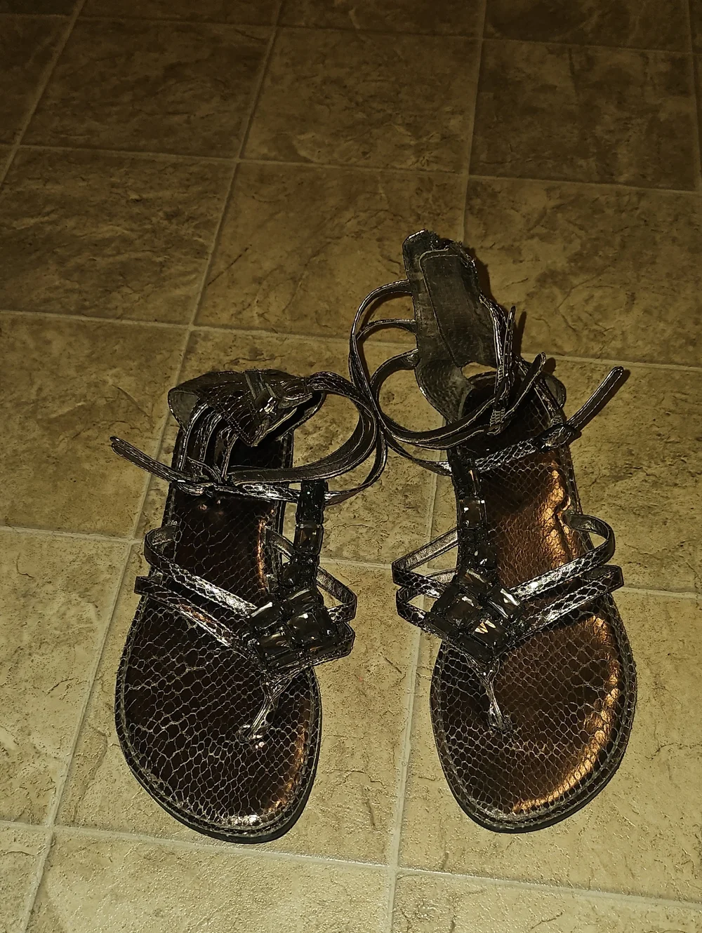 Metallic Embellished Women’s Sandals - Charcoal- Bronze